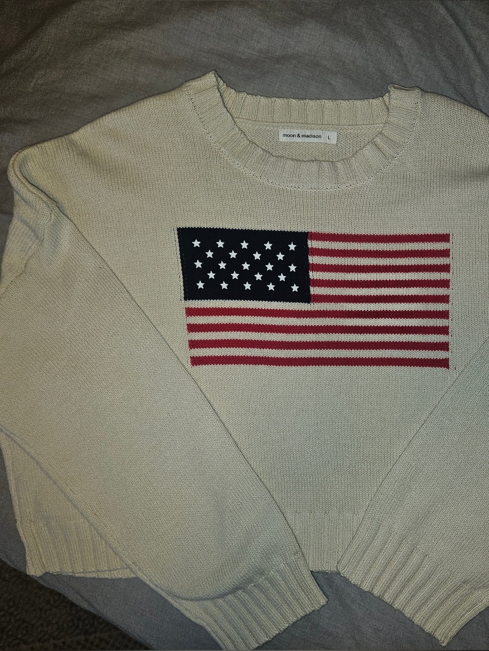 moon & madison Cream Crewneck Sweater with Flag Motif